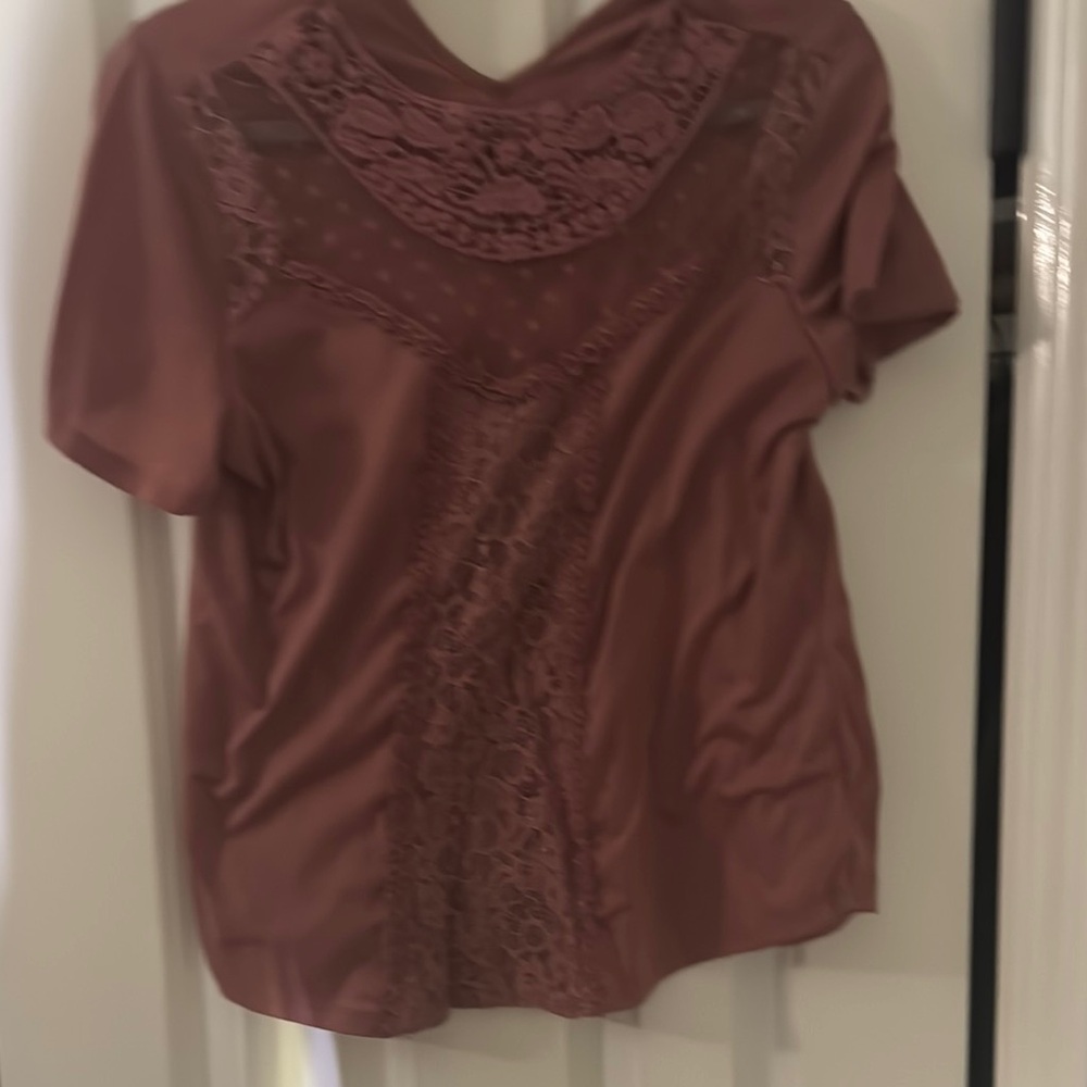 Self Esteem Pink Short Sleeve Blouse with Lace Detail